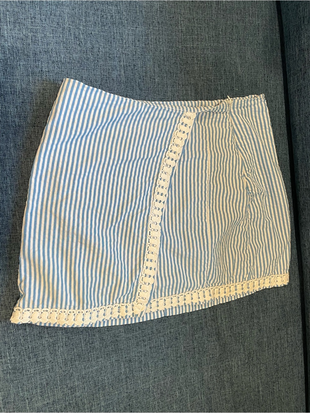 Light Blue and White Striped Lace-Trim Mini Skirt